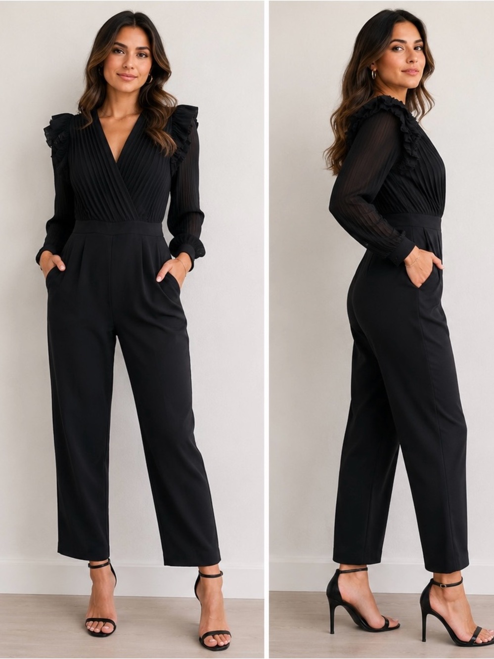 Express Black Pleated Ruffled Long-Sleeve Jumpsuit